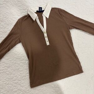 Vintage Karen Scott Petites Brown and White collared long sleeve shirt